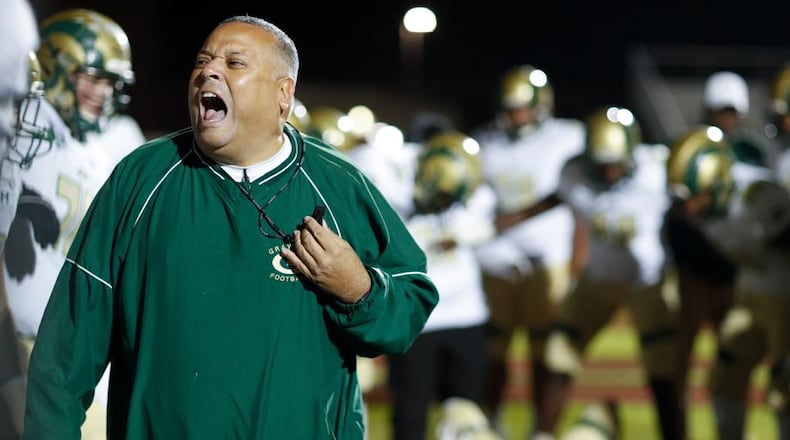 Grayson head coach Christian Hunnicutt yells to his team before a GHSA high school football AAAAAAA second round playoff game on Friday, Nov. 17, 2017, at North Gwinnett High School in Suwanee, Ga. (AJ Reynolds/Special)