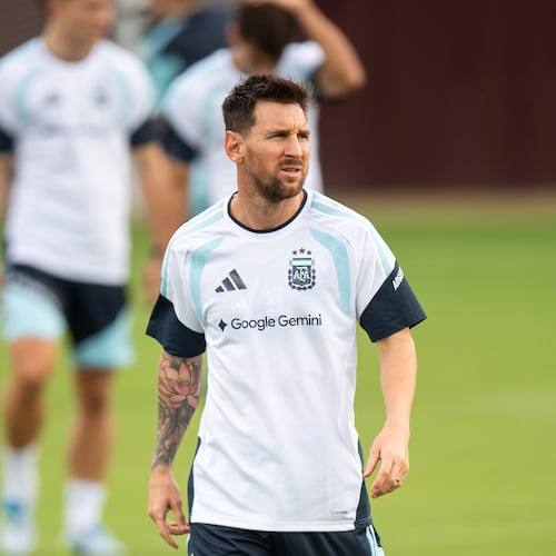 Argentina's Lionel Messi participates in a training session at Texas A&M's Ellis Field ahead of the FIFA World Cup 2026 international friendly between Argentina and Honduras on Friday, June 5, 2026, in College Station, Texas. (Meredith Seaver/College Station Eagle via AP)