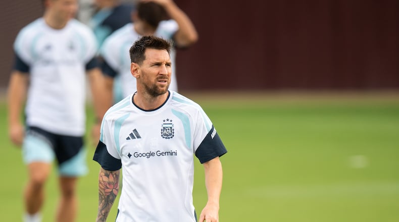 Argentina's Lionel Messi participates in a training session at Texas A&M's Ellis Field ahead of the FIFA World Cup 2026 international friendly between Argentina and Honduras on Friday, June 5, 2026, in College Station, Texas. (Meredith Seaver/College Station Eagle via AP)