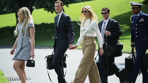 (L-R) Tiffany Trump, White House Senior Advisor Jared Kushner and his wife Ivanka Trump leave the White House June 1, 2018 in Washington, DC. The The family members are accompanying U.S. President Donald Trump to Camp David for the weekend.
