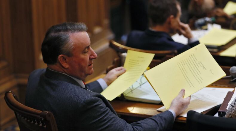 March 7, 2019 - Atlanta - Senator Frank Ginn, R - Danielsville, looks over some of the eight multi-part amendments for the airport takeover bill. The Georgia Senate voted to approve a measure that would give the state control of Hartsfield-Jackson airport. Bob Andres / bandres@ajc.com