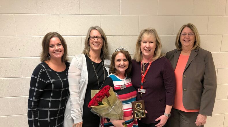 L-R: Karen Willingham, Media Instructional Coach; Jan Wilson, Coordinator of Media Instruction; Angela Legg; Teresa Cruce, Lovin ES Media Specialist; and Mary Barbee, Director of Media Services and Technology Training. COURTESY OF GWINNETT COUNTY PUBLIC SCHOOLS