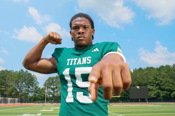 2026 AJC Super 11 Blessed Trinity DJ Jacobs, an edge rusher committed to Ohio State University, poses for a portrait at Blessed Trinity Catholic School on Thursday, July 30, 2026, in Roswell, GA.(Miguel Martinez/AJC)