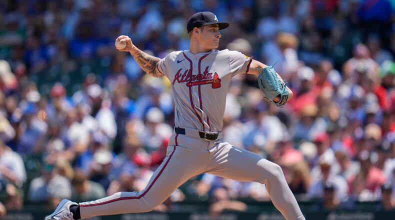 Atlanta Braves starting pitcher AJ Smith-Shawver throws during the first inning of a baseball game against the Chicago Cubs, Thursday, May 23, 2024, in Chicago. (AP Photo/Erin Hooley)