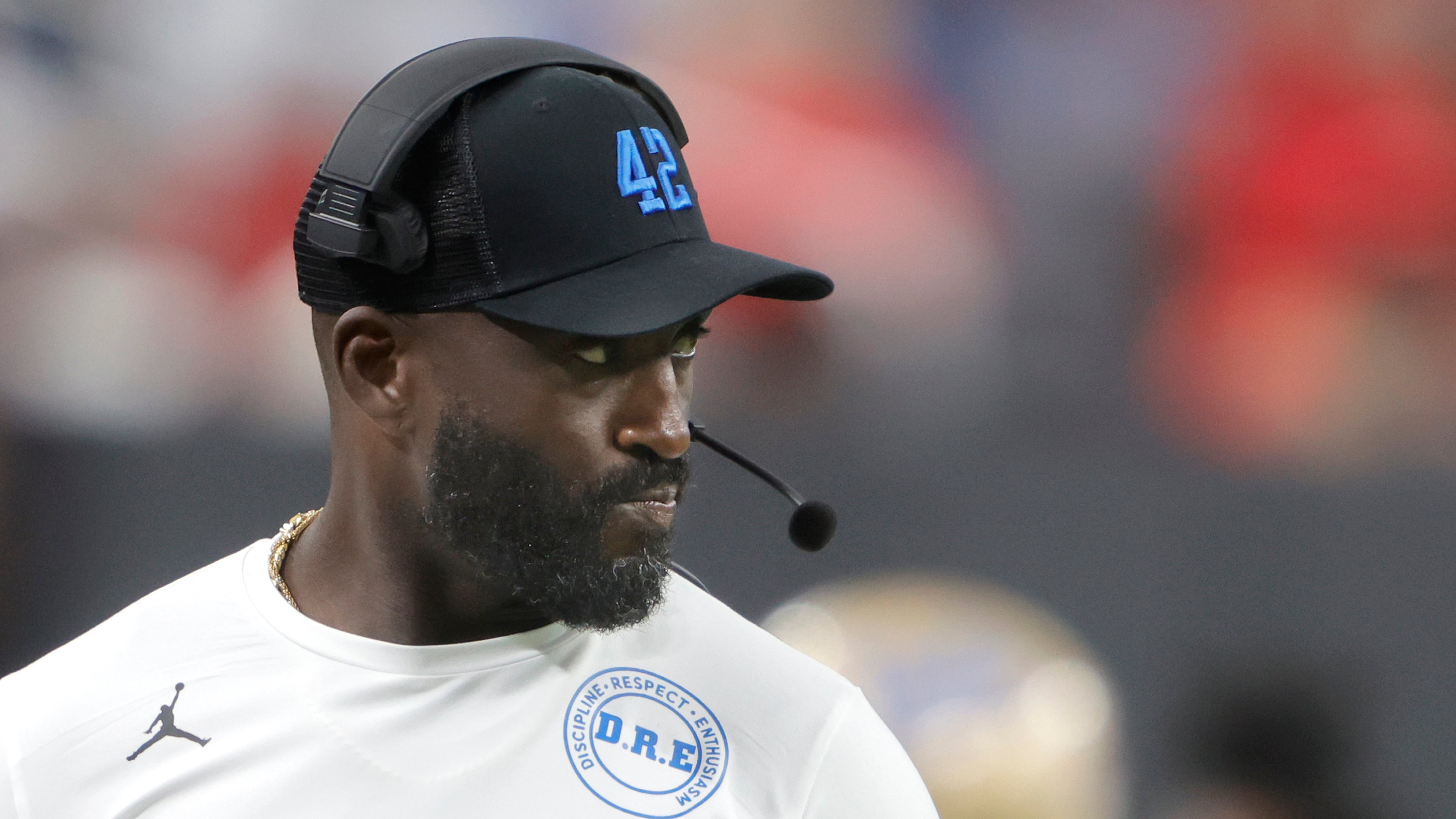 UCLA head coach DeShaun Foster watches as his team plays UNLV during the first half of an NCAA football game Saturday, Sept. 6, 2025, in Las Vegas. (Steve Marcus/Las Vegas Sun via AP)