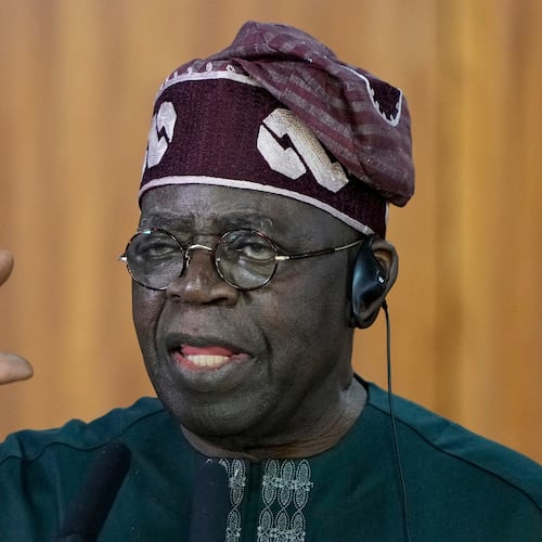 FILE - Nigeria's President Bola Tinubu gives a joint statement with Brazil's President Luiz Inacio Lula da Silva, at the Planalto presidential palace, in Brasilia, Brazil, Monday, Aug. 25, 2025. (AP Photo/Eraldo Peres, file)
