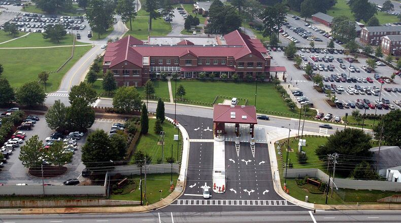 Areial of the front gate at Fort McPherson shot from the east looking west.