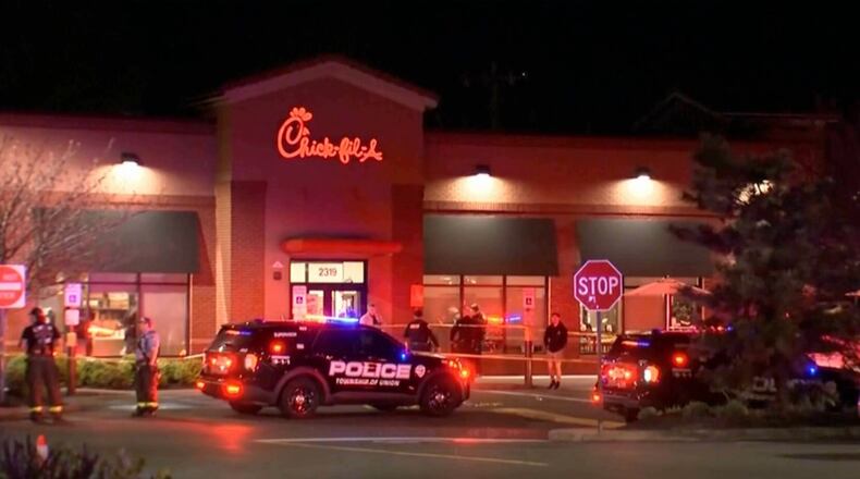 In this image taken from video, police are on the scene of a shooting at a Chick-fil-A restaurant, Saturday, April 11, 2026, in Union, New Jersey. (WABC via AP)