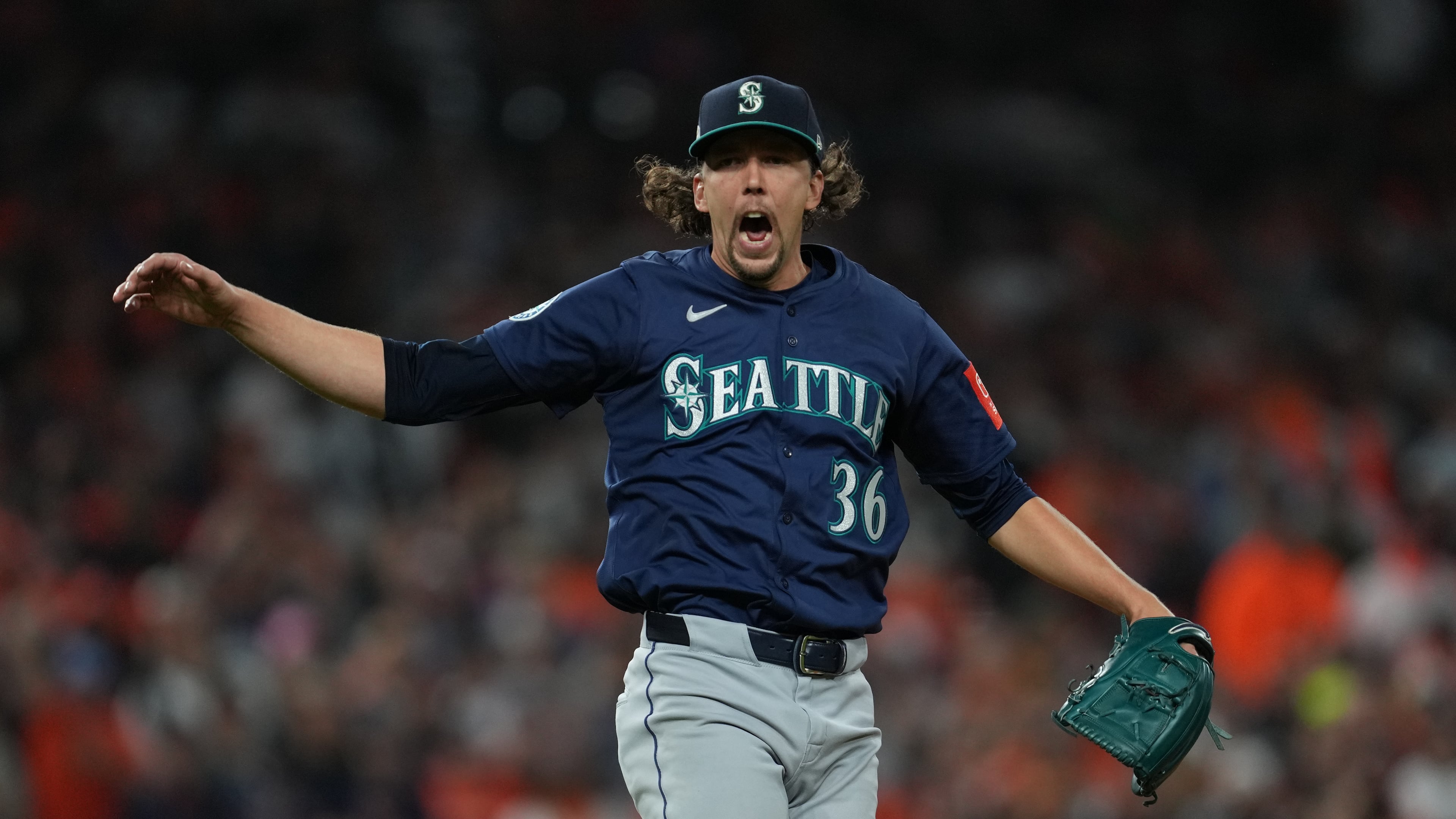 Seattle Mariners starting pitcher Logan Gilbert reacts after striking out Detroit Tigers' Parker Meadows to end the second inning in Game 3 of baseball's American League Division Series Tuesday, Oct. 7, 2025, in Detroit. (AP Photo/Paul Sancya)