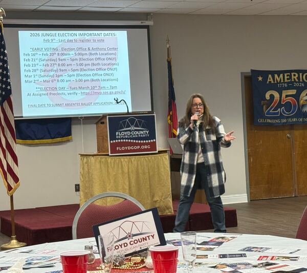 Jackie Harling, the 14th District GOP chair, urged Republicans at the Floyd County GOP gathering last month to show up for the March 10 special election for former U.S. Rep. Marjorie Taylor Greene’s seat in Congress. (Greg Bluestein/AJC)