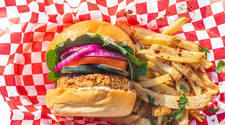 The G Burger from Plantbaed Cafe in Atlanta is made with garbanzo beans. / Courtesy of Plantbaed