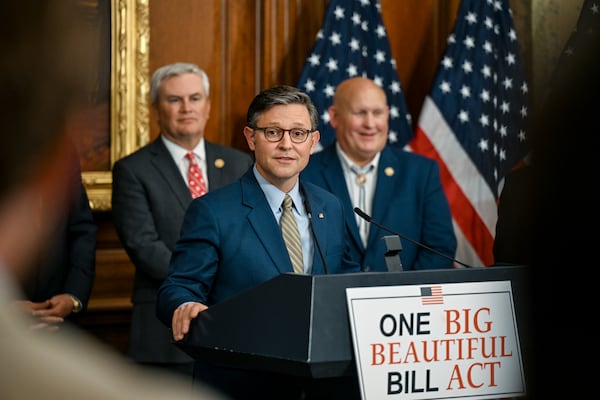 U.S. House Speaker Mike Johnson spoke to reporters at the Capitol last month after the House narrowly passed a wide-ranging bill to deliver President Donald Trump’s domestic agenda.