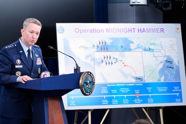 Joint Chiefs Chairman Gen. Dan Caine speaks during a news conference at the Pentagon in Washington, Sunday, June 22, 2025, after the U.S. military struck three sites in Iran, directly joining Israel's effort to destroy the country's nuclear program. (AP Photo/Alex Brandon)