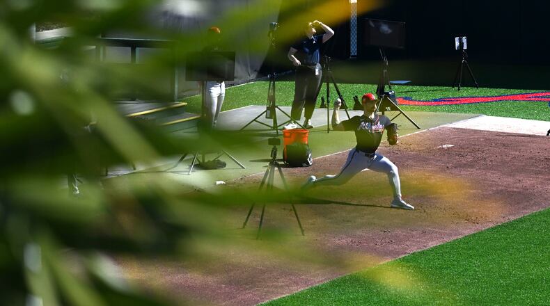 Braves pitcher Spencer Strider throws during spring training workouts Saturday, Feb. 14, 2026, at CoolToday Park in North Port, Fla. (Hyosub Shin/AJC)