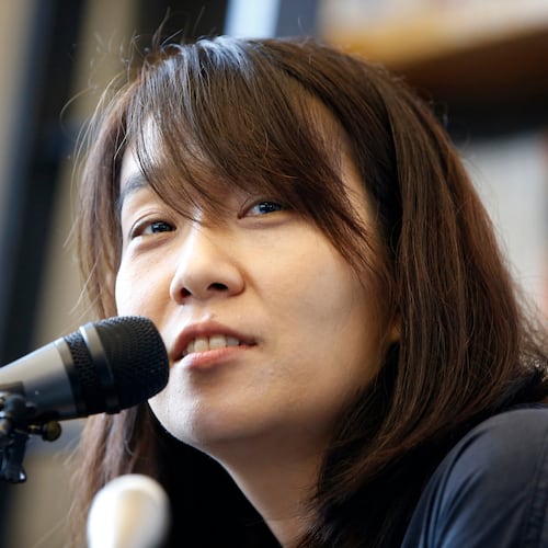 FILE - South Korean author Han Kang speaks to the media during a news conference in Seoul, South Korea, on May 24, 2016. (AP Photo/Lee Jin-man, File)