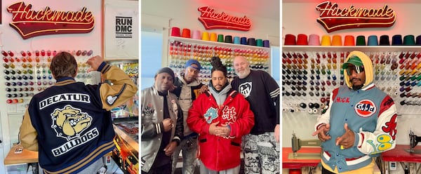 Huckmade customer Bennett Knapp (from left) shows off the back of his custom Decatur Bulldogs varsity jacket; Musical artists Sol Messiah, Invizible Handz and John Robinson stand with Huckleberry Starnes in their Huckmade creations; Emef Griffin, aka Hot Sauce, poses in his custom Huckmade varsity jacket. (Courtesy of Huckmade)