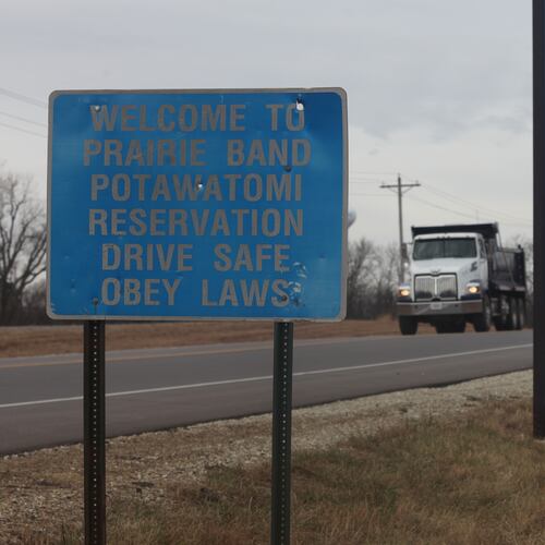 A sign on a road off of U.S. Highway 75 welcomes motorists to the Prairie Band Potawatomi reservation, outside Mayetta, Kan., Thursday, Dec. 11, 2025. (AP Photo/John Hanna)
