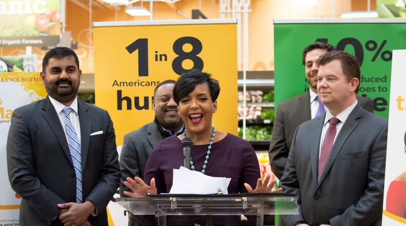 Atlanta Mayor Keisha Lance Bottoms speaks during a press conference on Jan. 31, 2019, to announce the “More than Mac” fundraising initiative in partnership with Kroger and the Atlanta Community Food Bank. Special: City of Atlanta.