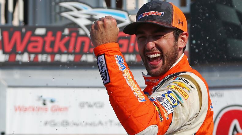 WATKINS GLEN, NY - AUGUST 05: Chase Elliott, driver of the #9 SunEnergy1 Chevrolet, celebrates in Victory Lane after winning the Monster Energy NASCAR Cup Series GoBowling at The Glen at Watkins Glen International on August 5, 2018 in Watkins Glen, New York. (Photo by Sarah Crabill/Getty Images)