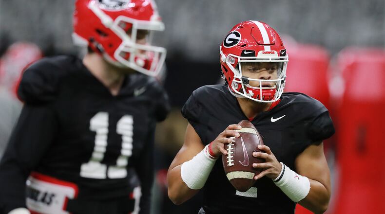 Justin Fields practices with the Bulldogs before the Sugar Bowl at Mercedes-Benz Superdome Saturday, Dec 29, 2018, in New Orleans.
