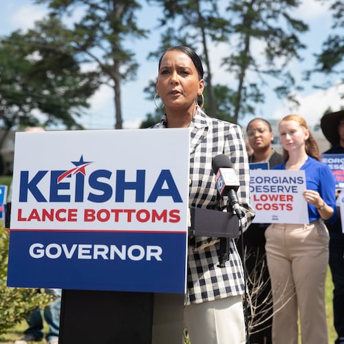 Former Atlanta mayor and Democratic nominee for governor Keisha Lance Bottoms campaigns outside of a shuttered rural hospital in Commerce, Georgia, on June 17, 2026. (Riley Bunch/AJC)