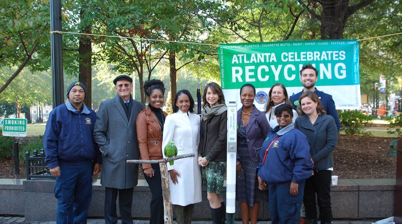 Officials launch Atlanta’s Clean Streets effort, from left to right: Robert Whitehead of the Department of Public Works; Central Atlanta Progress President A.J. Robinson; Valerie Winrow of the Department of Public Works; First Lady of Atlanta Sarah Elizabeth Reed; Stephanie Stuckey Benfield, Chief Resilience Officer; Michelle Wiseman of the Mayor’s Office of Sustainability; Abbey Patterson of Atlanta Recycles; Kailor Gordy of Central Atlanta Progress; Shelby Busso of U.S. Green Building Council; and Shaundra Favors of the Department of Public Works. Courtesy City of Atlanta.