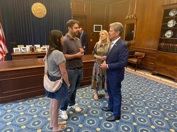 Adam and Randi Blick meet with Gov. Brian Kemp and first lady Marty Kemp as Adam lobbies Georgia’s most powerful politician to do more to support children and families confronting cancer. (Greg Bluestein/AJC)