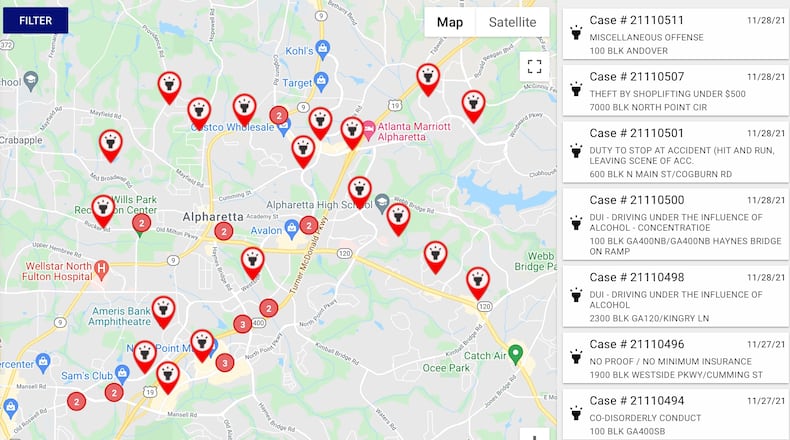 The Alpharetta Department of Public Safety offers residents the ability to view police activity via map or as a detailed data table accessible on the city’s website. (Courtesy City of Alpharetta)