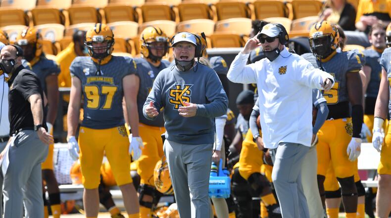Kennesaw State's head coach Brian Bohannon shouts instructions during a spring football game at Fifth Third Bank Stadium in Kennesaw on Saturday, March 3, 2021. Kennesaw State won 35-0 over Robert Morris. (Hyosub Shin / Hyosub.Shin@ajc.com)