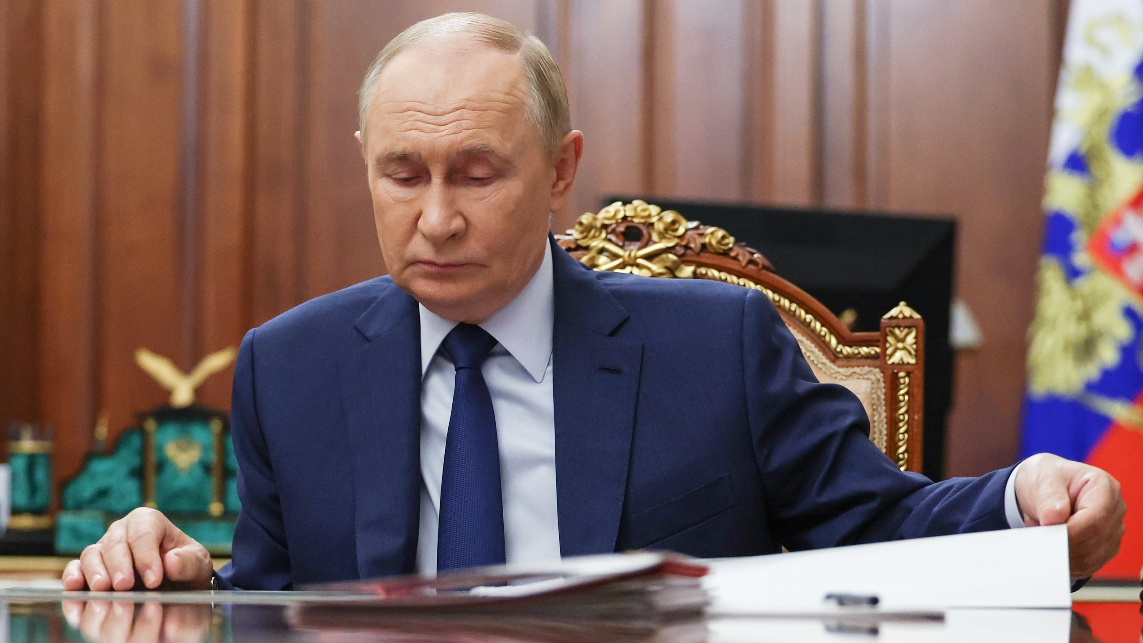 Russian President Vladimir Putin attends a meeting with Russian Deputy Prime Minister Dmitri Patrushev at the Kremlin in Moscow, Russia, Monday, Oct. 6, 2025. (Alexander Kazakov, Sputnik, Kremlin Pool Photo via AP)