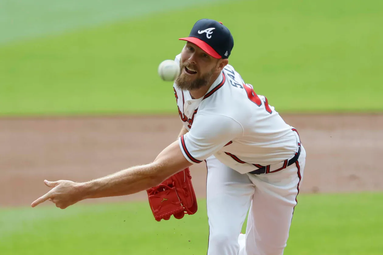 Braves starting pitcher Chris Sale delivers to an Athletics batter during the first inning at Truist Park on Wednesday, April 1, 2026, in Atlanta. (Miguel Martinez/AJC)