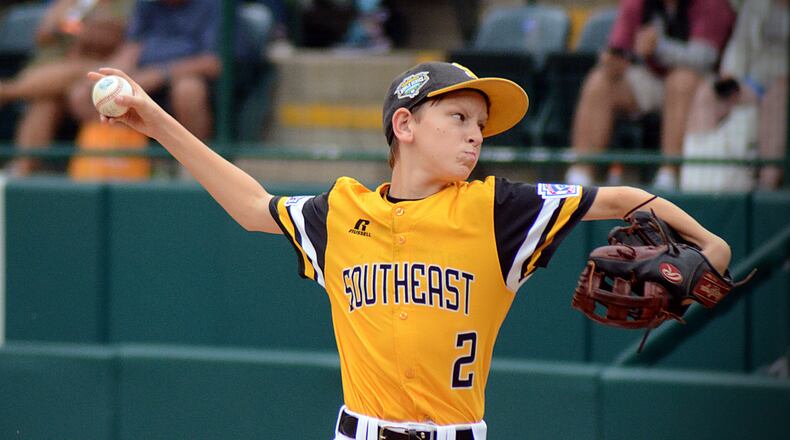 Peachtree City's Ben Traxler pitches against Japan at the Little League World Series in Williamsport, Pennsylvania, on Sunday, Aug. 26, 2018. (Photo: Mitchell Northam/AJC/mitchell.northam@coxinc.com)