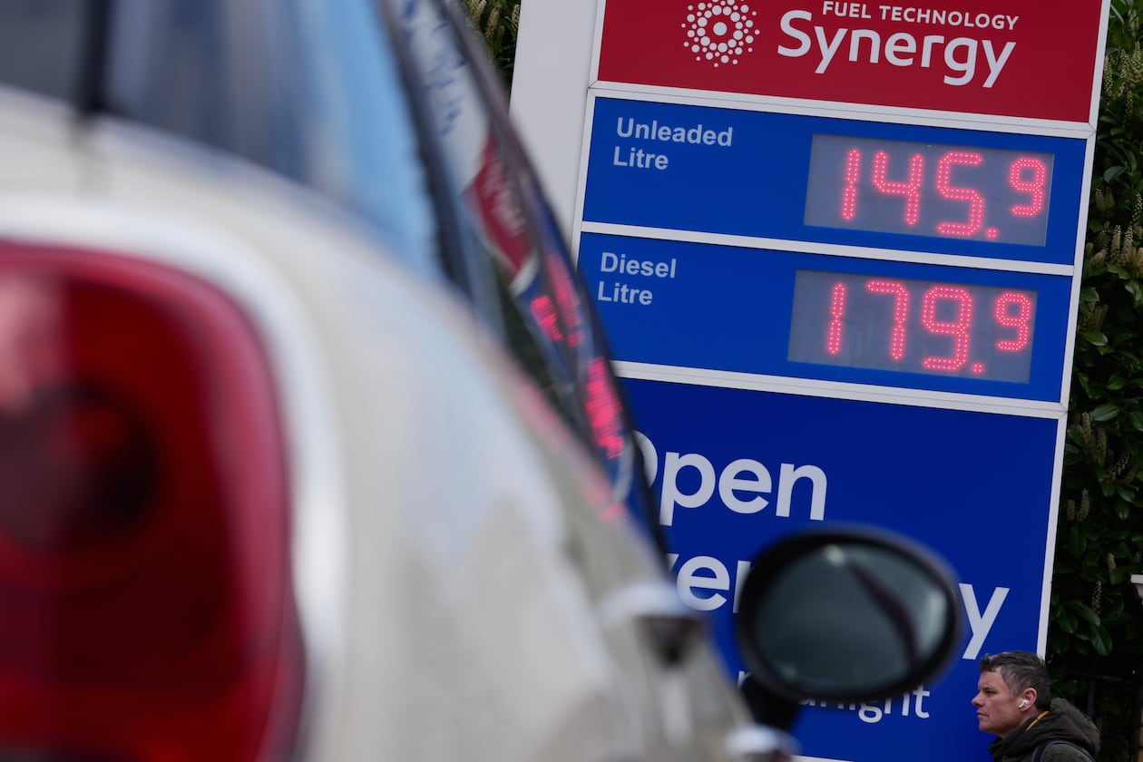 FILE - Prices are shown on a board at a gas station in London, England, Monday, March 30, 2026. (AP Photo/Kin Cheung, File)