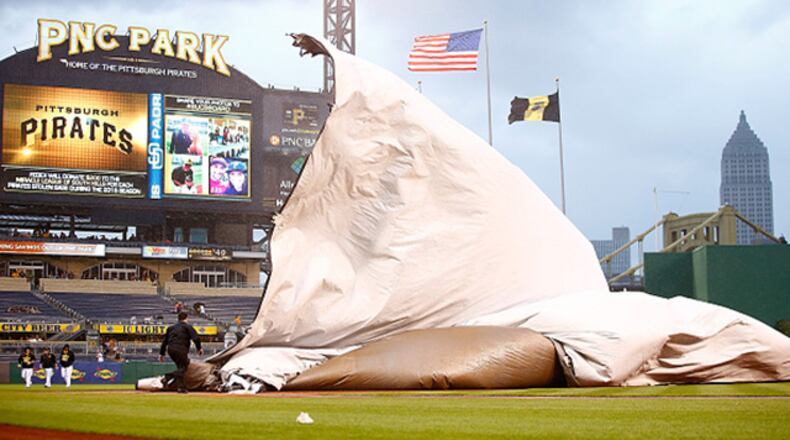 PITTSBURGH, PA - JULY 07: Members of the grounds crew get caught underneath the tarp while heavy wind and rain came down causing a rain delay between the Pittsburgh Pirates and the San Diego Padres in the third inning during the game at PNC Park on July 7, 2015 in Pittsburgh, Pennsylvania. (Photo by Jared Wickerham/Getty Images)