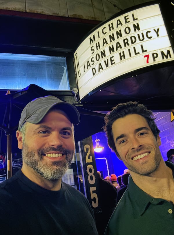 In 2024, Corey Cott's friend, Athens filmmaker Matthew Perkins (left), joined Cott at a Michael Shannon concert at the 40 Watt Club in Athens, which ended up featuring all four members of R.E.M. performing at different times on stage. (Courtesy)