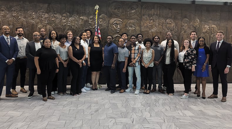 Participants and leaders of the the Technology and Innovation Learning Experience (TILE) program on Monday, June 3, 2024 at Atlanta City Hall. The program gives college entrepreneurs funding, mentorship and training.