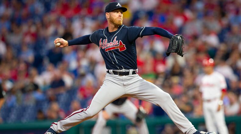 Mike Foltynewicz retired the first 13 batters that he faced before allowing a solo home run in the fifth inning of Monday's Braves-Phillies game in Philadelphia. (Photo by Mitchell Leff/Getty Images)