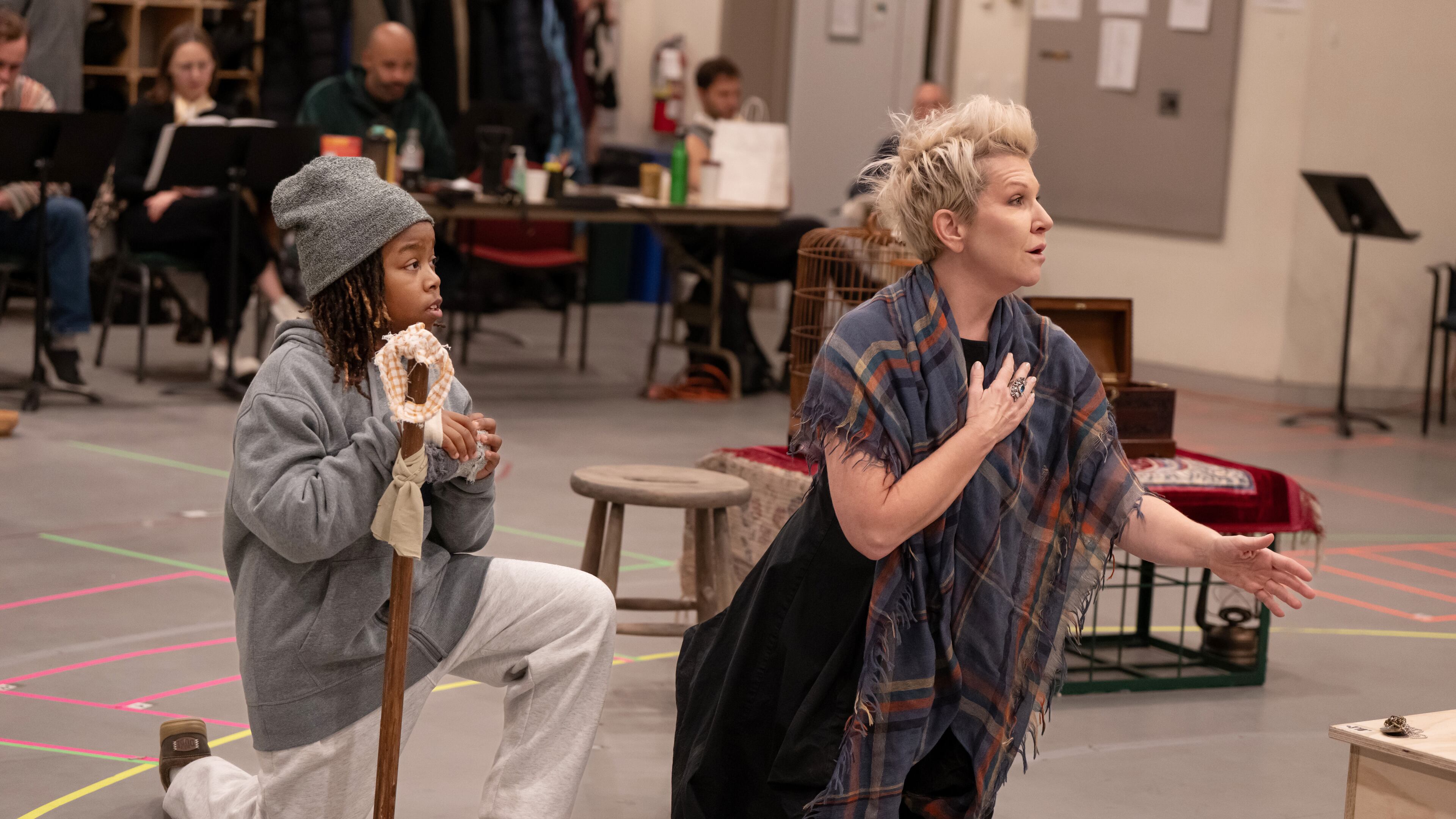 Albert "AJ" Rhodes Jr., left, and Joyce DiDonato appear during a rehearsal for Gian Carlo Menotti's opera "Amahl at the Night Visitors" at Lincoln Center Theater in New York on Dec. 5, 2025. (Julieta Cervantes/Lincoln Center Theater via AP)