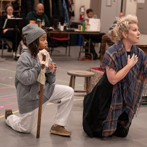 Albert "AJ" Rhodes Jr., left, and Joyce DiDonato appear during a rehearsal for Gian Carlo Menotti's opera "Amahl at the Night Visitors" at Lincoln Center Theater in New York on Dec. 5, 2025. (Julieta Cervantes/Lincoln Center Theater via AP)
