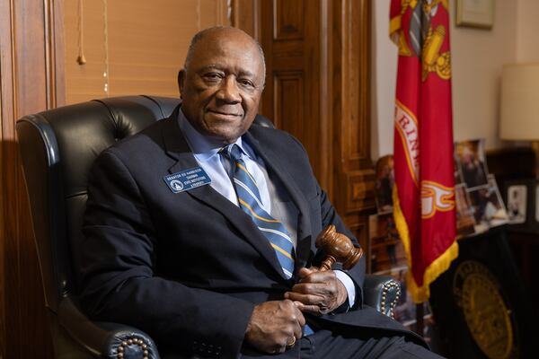 State Sen. Ed Harbison, D-Columbus, sits in his office with a Senate gavel at the Capitol in Atlanta on May 14, 2026. Harbison, who was first elected to the Georgia Senate in 1992, is retiring this year. (Arvin Temkar/AJC)