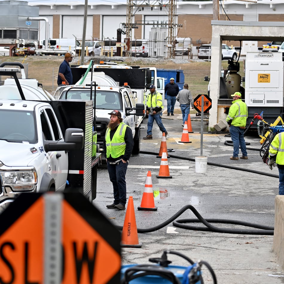 Trucks arrive at Georgia DOT’s Forest Park Maintenance Facility to load brine, Friday, Jan. 23, 2026. (Hyosub Shin/AJC)