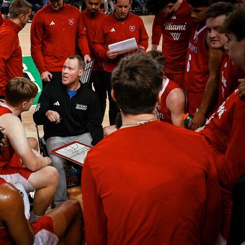 Miami (Ohio) Head Coach Travis Steele talks to his team during the second half of an NCAA college Basketball game against Marshall, Saturday, Feb. 7, 2026, in Huntington, W.Va. (AP Photo/Tyler Evert)