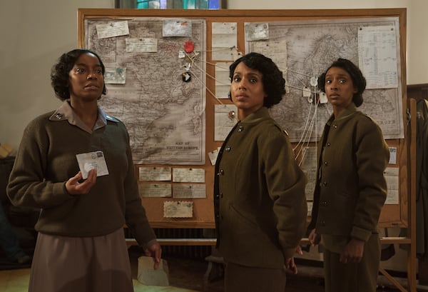 Milauna Jackson (from left) as Lt. Campbell, Kerry Washington as Maj. Charity Adams and Ebony Obsidian as Lena Derriecott King in "The Six Triple Eight." Courtesy of Bob Mahoney/Perry Well Films 2/Netflix