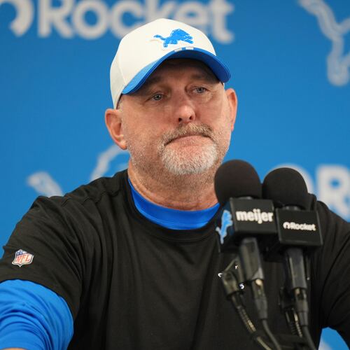 FILE - Detroit Lions offensive coordinator John Morton speaks in a news conference during an NFL football practice July 28, 2025, in Allen Park, Mich. (AP Photo/Ryan Sun, File)