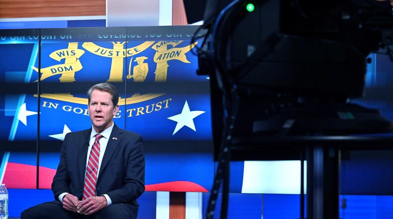 March 26, 2020 Atlanta - Gov. Brian Kemp speaks during a town hall meeting to discuss the growing coronavirus pandemic that airs live on WSB-TV Channel 2, CBS46, Georgia Public Broadcasting, 11 Alive, FOX 5 Atlanta and Univision 34 Atlanta at WSB-TV Channel 2 on Thursday night, March 26, 2020. (Hyosub Shin / Hyosub.Shin@ajc.com)