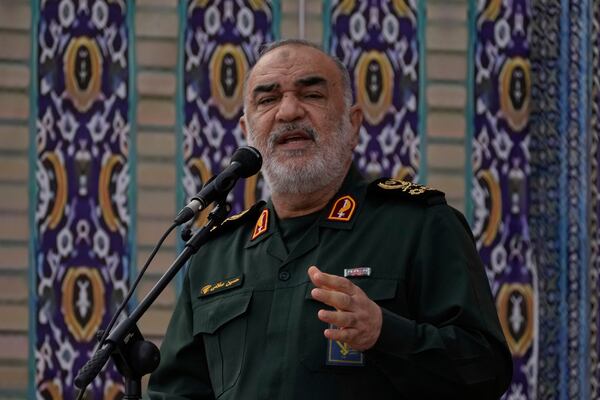 Chief of Iran's paramilitary Revolutionary Guard Gen. Hossein Salami speaks in a ceremony marking the first anniversary of the death of late Iranian President Ebrahim Raisi, who was killed in a helicopter crash in the country's northwest along with the foreign minister and several other officials, in Tehran, Iran, Thursday, May 15, 2025. (AP Photo/Vahid Salemi)
