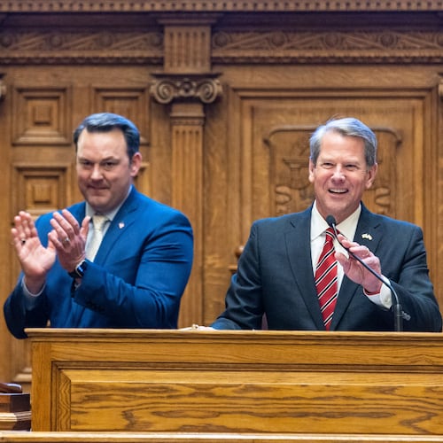 Lt. Gov. Burt Jones, left, and Gov. Brian Kemp. (Arvin Temkar/AJC)
