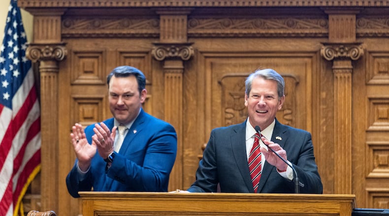 Lt. Gov. Burt Jones, left, and Gov. Brian Kemp. (Arvin Temkar/AJC)