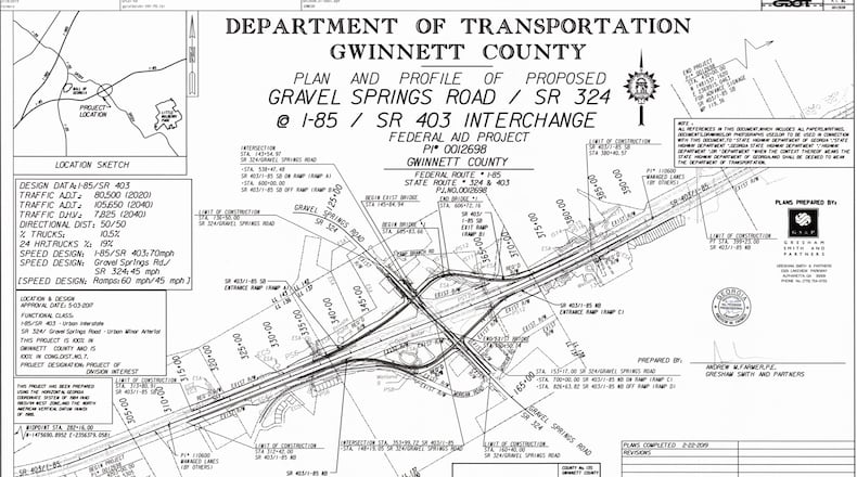 The new interchange at I-85 and Gravel Springs Road will include four new ramps from Gravel Springs Road, with turn lanes and traffic signals, sidewalks, sound barriers and retaining walls. (Courtesy Gwinnett County)