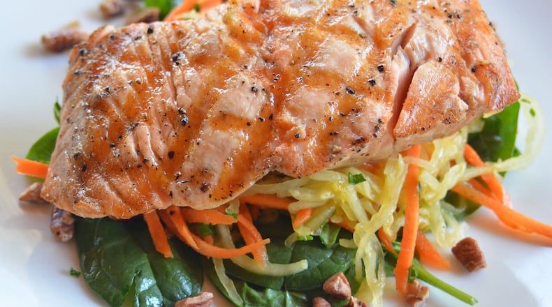Canoe’s Grilled Atlantic Salmon with Spaghetti Squash Salad. STYLING BY MATT BASFORD / CONTRIBUTED BY ADRIENNE HARRIS